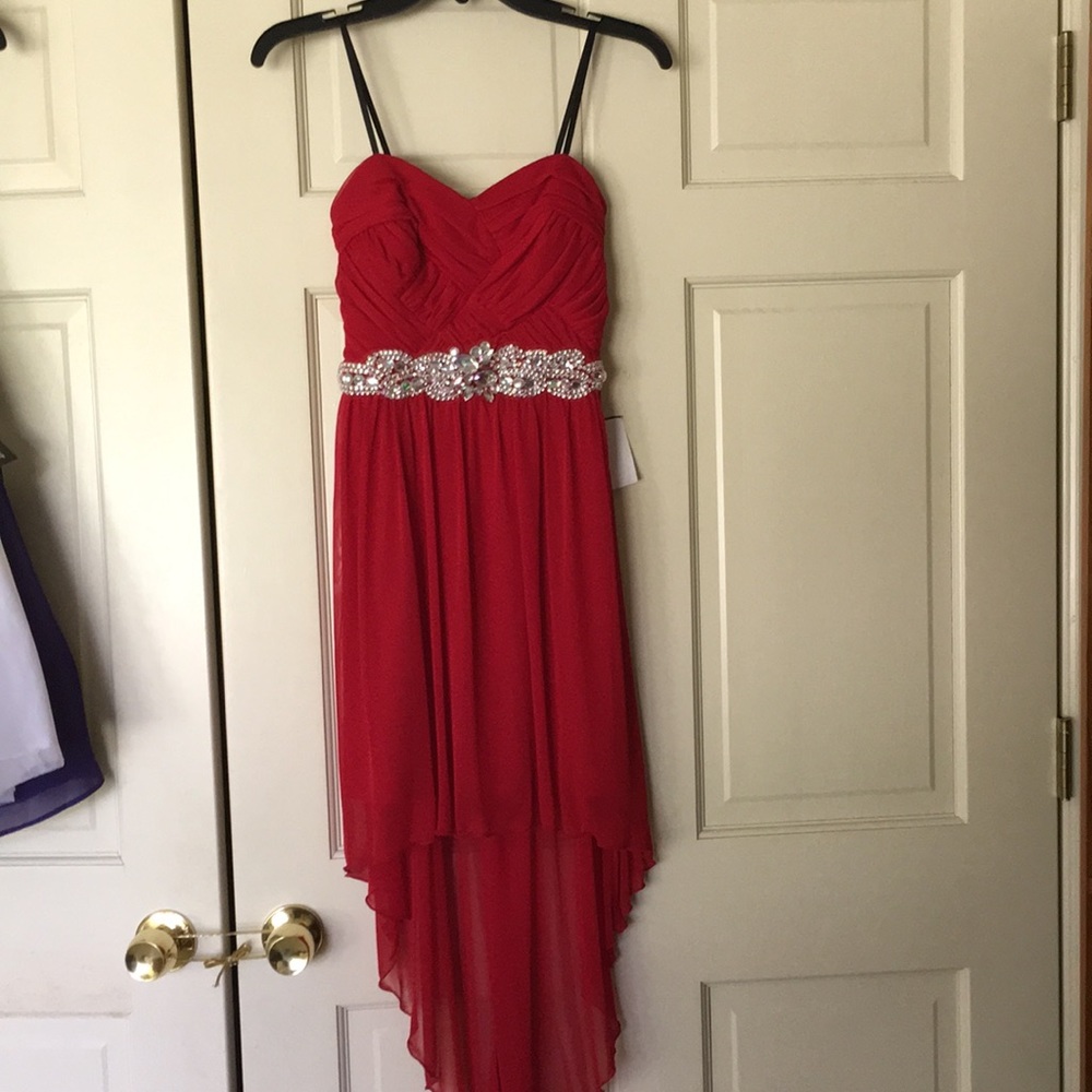 Red strapless high-low homecoming dress with gems